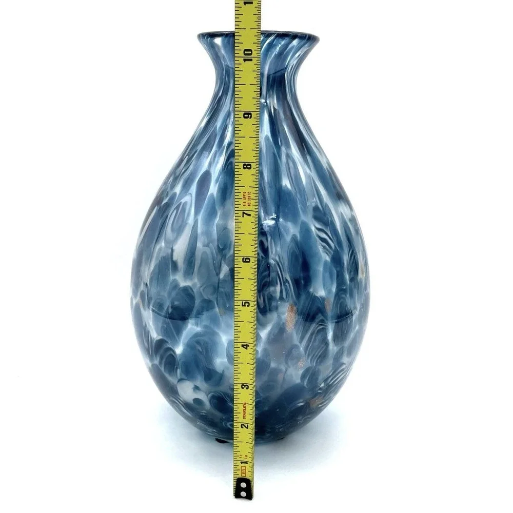 Art Glass Vase Blue White Mottled Splatter Gold Flecks Hand Blown 10 In Vintage